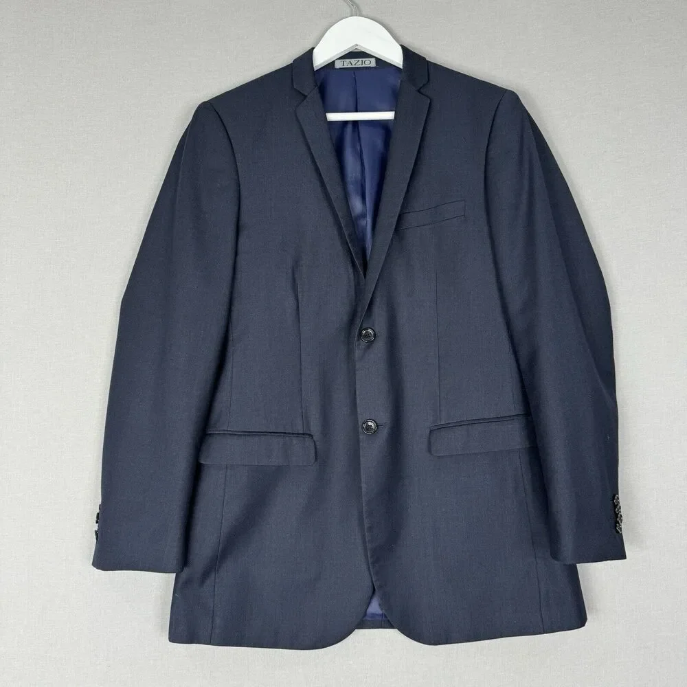 Tazio Italy Mens‎ Suit Jacket 38L Blue Wool Ultra Slim Fit Blazer Formal Evening